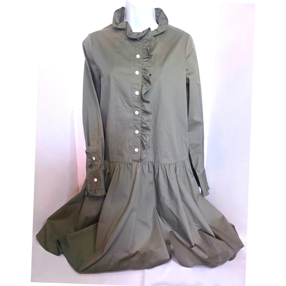 Kate Spade Broome Street Olive Ruffle Shirt Dress Cotton Long Sleeve Pockets  M?